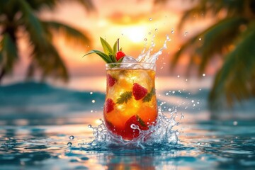 Tropical drink with raspberries and mint in ocean waters at sunset