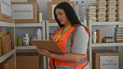 Woman taking notes at a charity center with donations, wearing a volunteer vest among food...