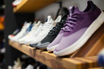 Variety of sneakers displayed on wooden shelf in store
