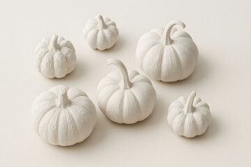 Handcrafted clay pumpkins on beige background, minimalist autumn decor for Halloween and Thanksgiving, DIY fall sculpture concept, rustic seasonal ornament for creative handmade home decoration