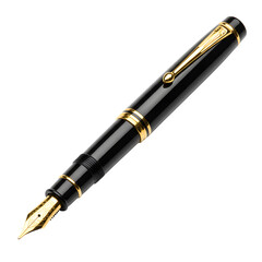 Classic black fountain pen positioned diagonally with visible gold nib and detailing, isolated on white or transparent background. PNG