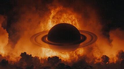 Cosmic scene featuring large planet with rings, surrounded by fiery clouds and bright flames, creating intense and dramatic space environment