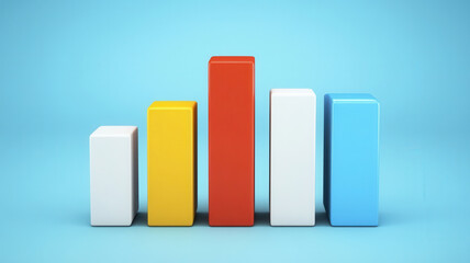 Colorful bar chart with five bars of different heights and colors on blue background, representing data or statistics with modern and minimal design