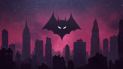 Dark bat with glowing eyes flying over city skyline at night, with purple and pink starry sky background, creating mysterious and spooky atmosphere