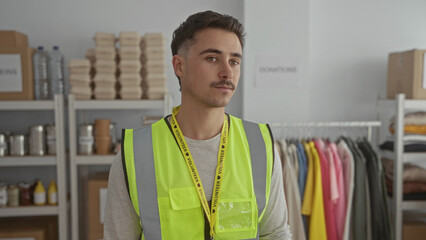 Young hispanic man in reflective vest stands in a charity donation center, surrounded by shelves of sorted clothing and supplies, embodying a dedicated volunteer spirit.