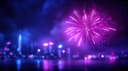 Colorful fireworks illuminating night sky above cityscape with reflections on water, creating festive and vibrant atmosphere filled with excitement and celebration