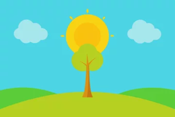 Fototapeten Autumn landscape illustration with trees, a rainbow, and a clear sky over a green meadow © Prodip