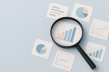 Magnifying glass analyzing business charts and graphs