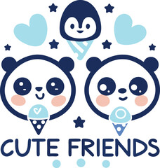 Obraz premium Adorable vector illustration of cute panda and penguin friends with ice cream cones and charming decorative elements for children's designs