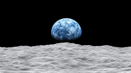 Earth seen from surface of Moon with stark black sky, rugged lunar terrain in foreground, and blue and white planet rising in distance, evoking sense of space exploration and wonder