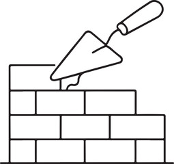 Trowel and brick wall outline isolated on white background