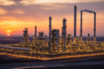Blurry photo of mega project area, industrial factory construction, large crude oil refinery, sunset.