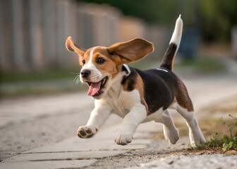 Beagle Dog Running in Mid-Air with Tongue Out.