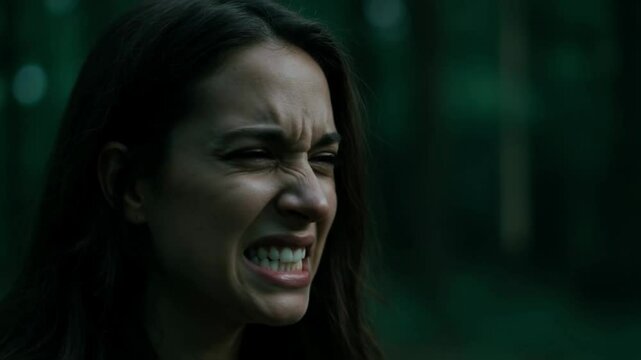 Young woman with dark hair grimaces, baring her teeth, in a dark forest setting, her face contorted in intense pain, disgust or extreme effort, reflecting physical or emotional suffering concepts