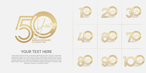 Anniversary set design with double line number and handwriting. golden color for celebration event