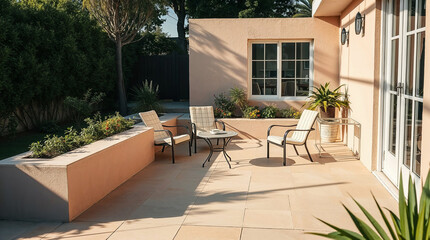Fototapeta premium Relaxing back patio with comfortable chairs and small table. Back patio furniture set includes two beige chairs and metal table. Enjoy summer days on this inviting back patio.