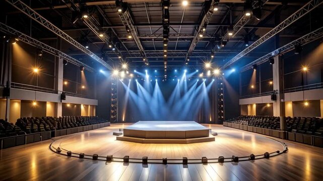Stage and seating in theater with illuminated stage lights, empty seats, wooden stage floor, lighting rig and overhead rigging