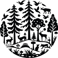 Forest scene silhouette black and white illustration featuring trees deer birds and wildlife elements composed in a circular design