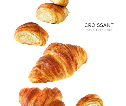 Creative layout made of croissant on the white background. Flat lay. Food concept. Sweets and Pastry.