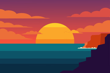 Vibrant orange and red sunset paints the sky over the tranquil sea and beach landscape