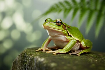 Obraz premium Vibrant Green Tree Frog Perched on Mossy Rock in Lush Forest Setting Captivating Nature Scene