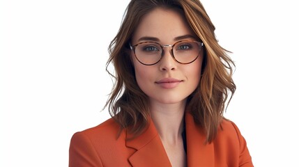 perfectly composed portrait of a businesswoman wearing glasses and a sleek orange suit 