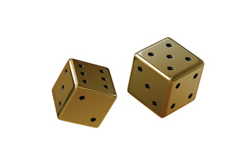 3d a falling gold dice isolated on white transparent background. 3d render illustration.