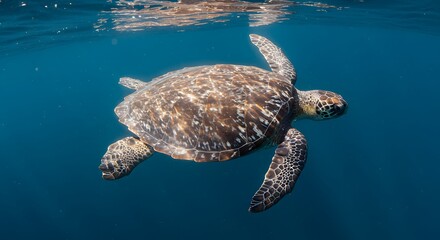 Fototapeta premium Green sea turtle peacefully swimming in the open ocean, showcasing the beauty and serenity of marine life on World Sea Turtle Day.