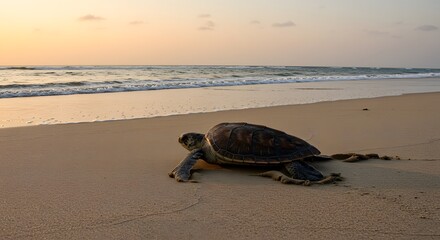 Hawksbill sea turtle heading toward the ocean under a stunning sunset sky, symbolizing resilience and beauty on World Sea Turtle Day.