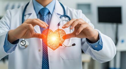 Doctor with glowing heart shape symbolizing medical care and health