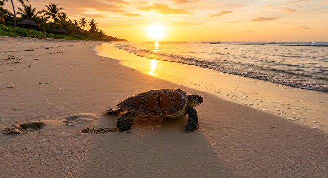Hawksbill sea turtle heading toward the ocean under a stunning sunset sky, symbolizing resilience and beauty on World Sea Turtle Day.