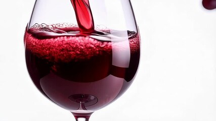Deep red wine being poured into a clear crystal glass, bubbling with rich color on a bright white background with grapes. - Powered by Adobe