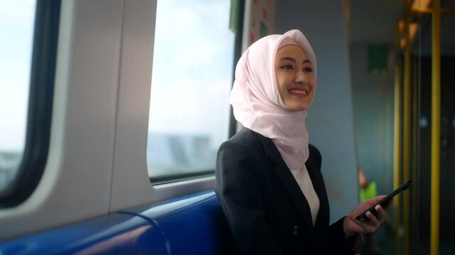 Happy asian muslim business woman wearing hijab holding and using smartphone traveling by railway or skytrain at train station. Islamic woman people lifestyle travel. Muslim people concept.
