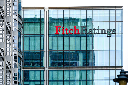 Fitch Ratings Modern Tower Building Facade Logo, Name Sign, Corporate Skyscraper Exterior, Canary Wharf, Global Financial District, London, England, UK, June 2025