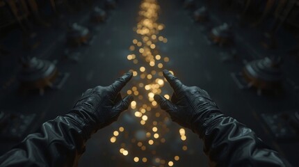 One hand is pointing at a pure gold well, hopeful atmosphere, first person perspective, finger, hand, pointing forward, poking, hand holding, hand pointing, science, technology