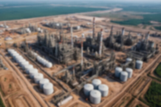 Blurry photo of mega project area, industrial factory construction, large crude oil refinery, sunset.