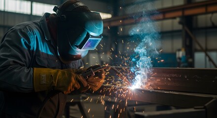 Welder Working Sparks Flying Creating Metal Structure