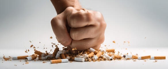 The fist crushing cigarettes symbolizes the fight against smoking addiction.