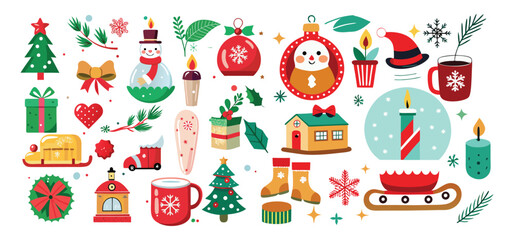 Festive Christmas and New Year icon set features cartoon illustrations of Santa, snowmen, gifts, trees, and winter holiday decorations