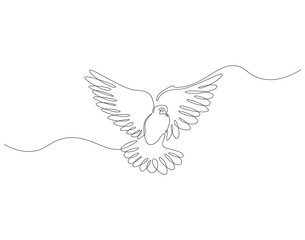 Dove continuous line. Continuous one line drawing of flying pigeon. Animal, bird, peace concept. Single line drawing