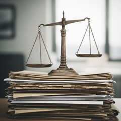 Balance de la justice sur une pile de dossiers