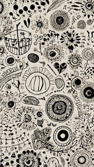 Hand-drawn doodle pattern with whimsical elements, black ink on white background, casual and fun aesthetic
