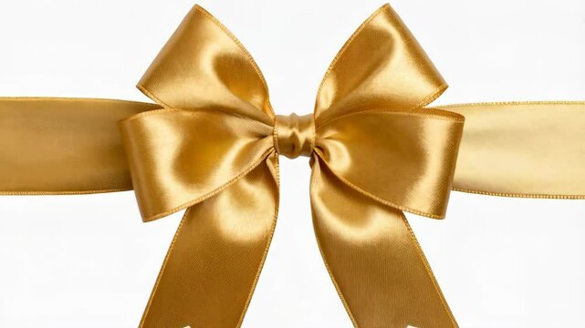 Elegant golden satin ribbon tied in a bow lying flat against a white background. High-key lighting and smooth, luxurious texture.