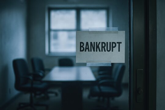 A closed, empty office meeting room with a "BANKRUPT" sign taped to the glass door.