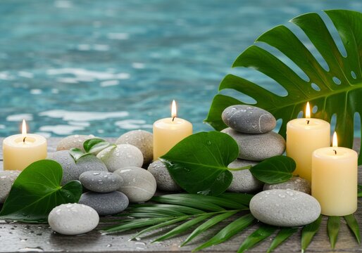 Spa still life with white lit candles, green leaves, and wet stones on wooden surface with water background.