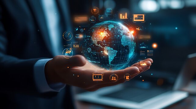 Person Holding Digital Globe with Floating Data Icons, Representing Global Connectivity and Information