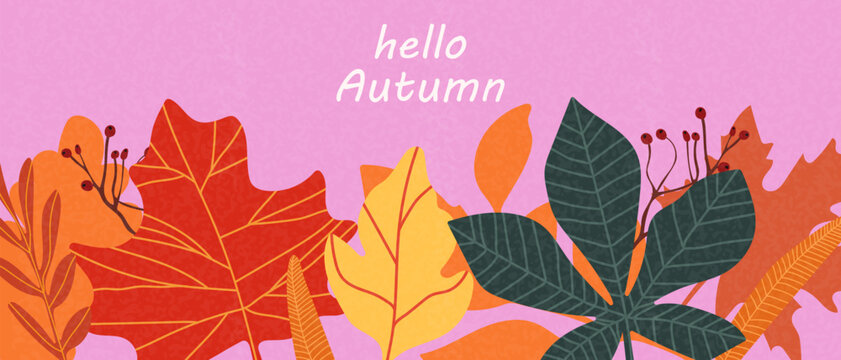 Autumn horizontal banner with abstract autumn leaves. Autumn modern art, autumn poster.