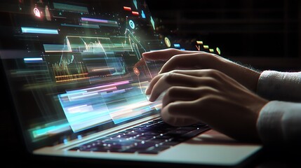 Person using laptop with glowing interface elements for digital creation and exploration of data concepts.
