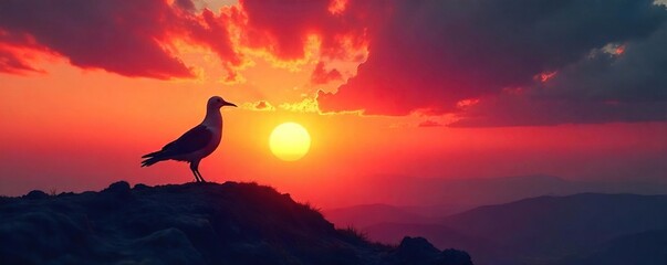 Obraz premium A lone bird silhouetted against a vibrant sunset, symbolizing the unknown path ahead and the vast possibilities of the future, a journey guided by an unseen force , twilight, golden hour
