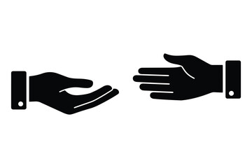 Obraz premium Business Handshake Icon Vector – Black Silhouette Hands Reaching for Help, Collaboration, Support